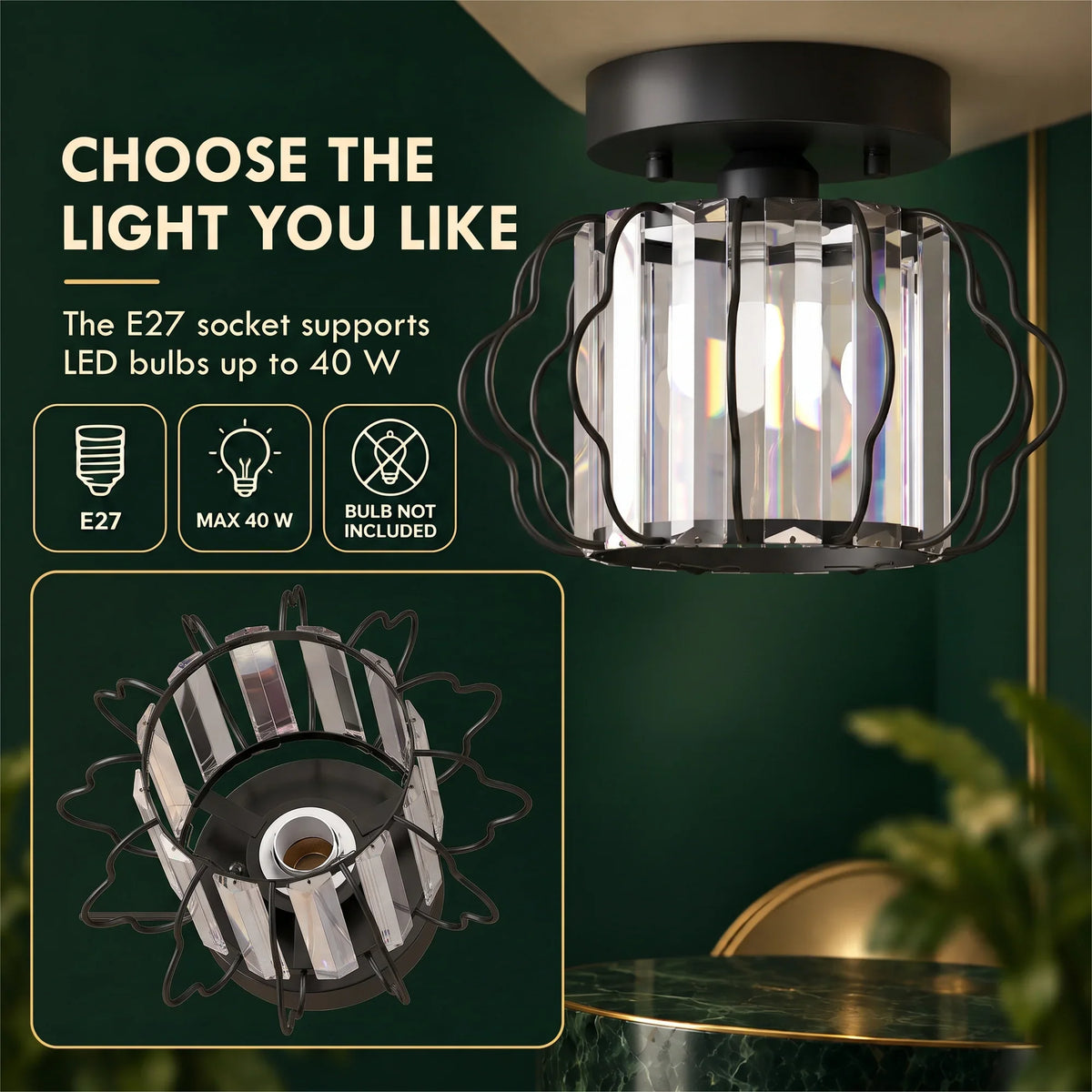 Black semi-flush mount ceiling light with clear crystal bars under the ceiling canopy