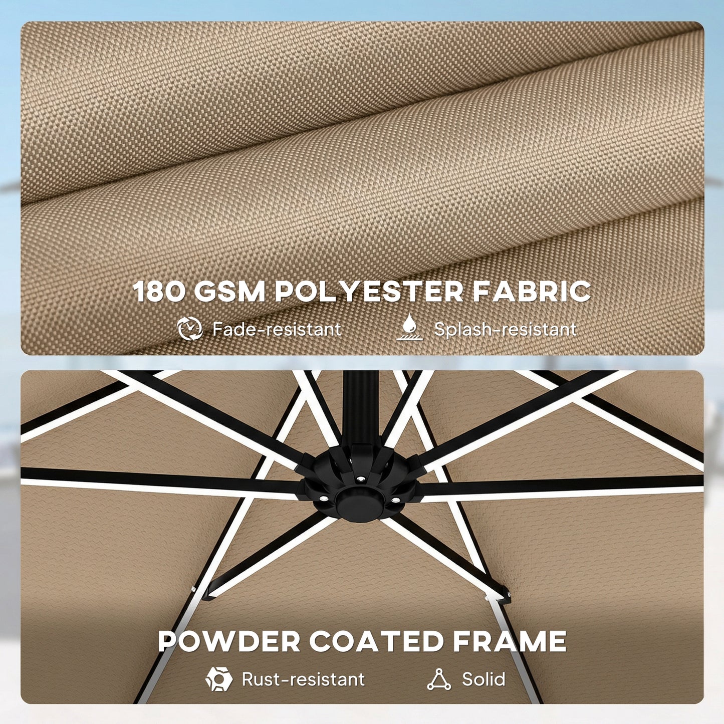 Outsunny Three Meter Cantilever Parasol With LED Solar Lights Round Umbrella 360 Degree Rotation Khaki Cover