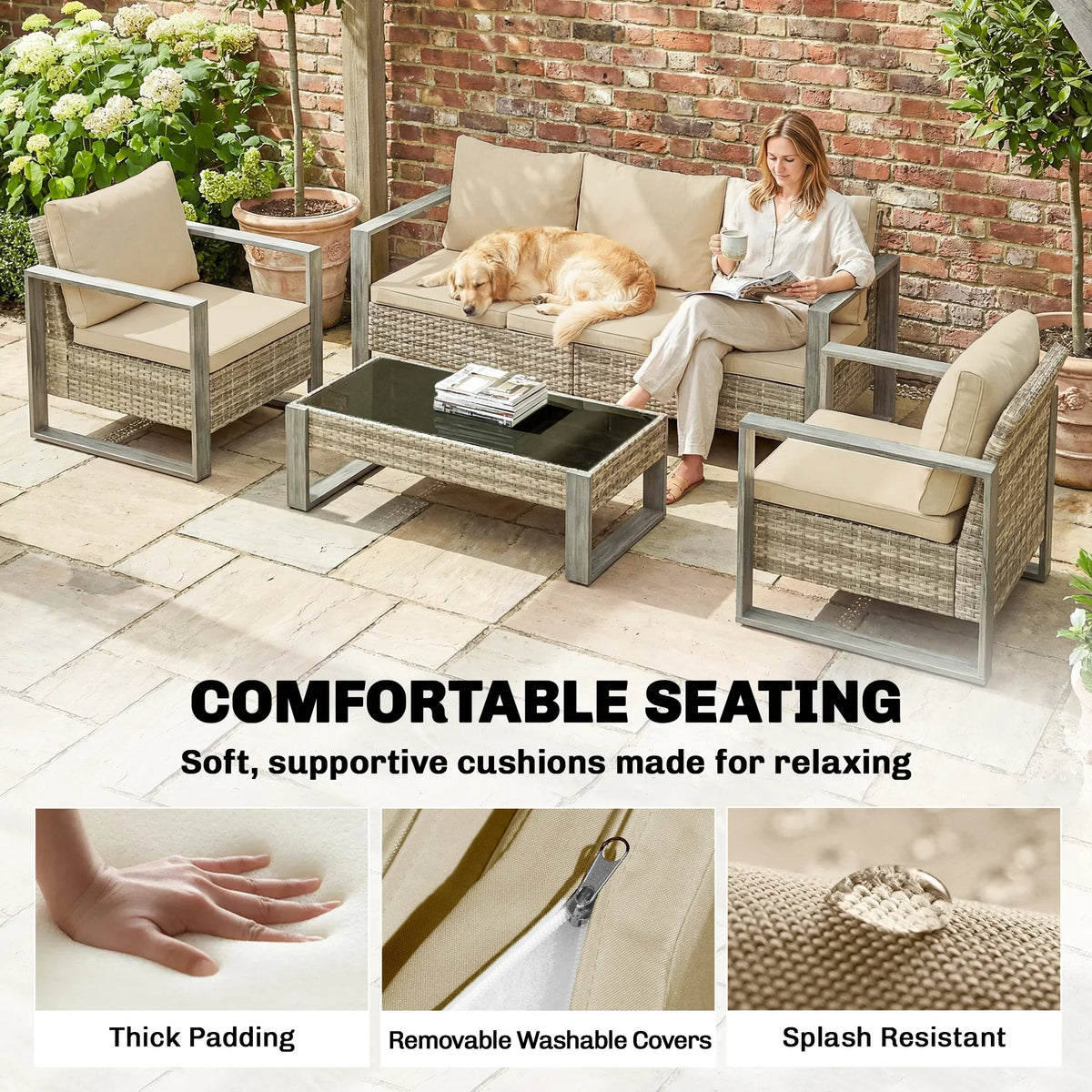 Khaki cushioned rattan patio seating set with coffee table and two armchairs