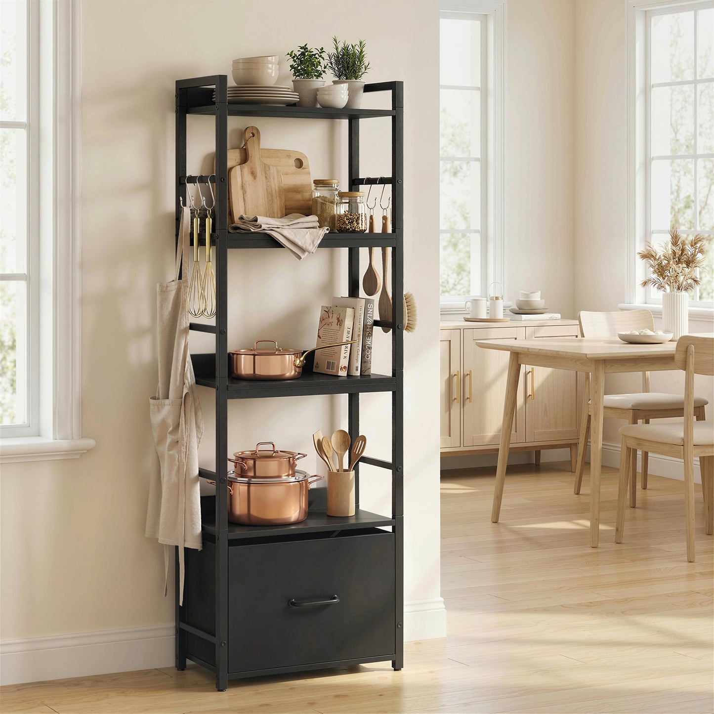 HOMCOM 4 Tier Narrow Bookshelf With Drawer And 8 Hooks Metal Frame Black Storage Display Shelving For Small Spaces