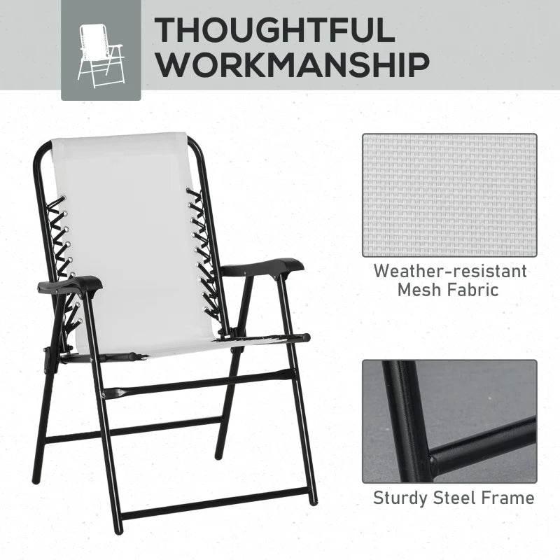 Cream white folding chair with weather-resistant mesh fabric and sturdy black steel frame
