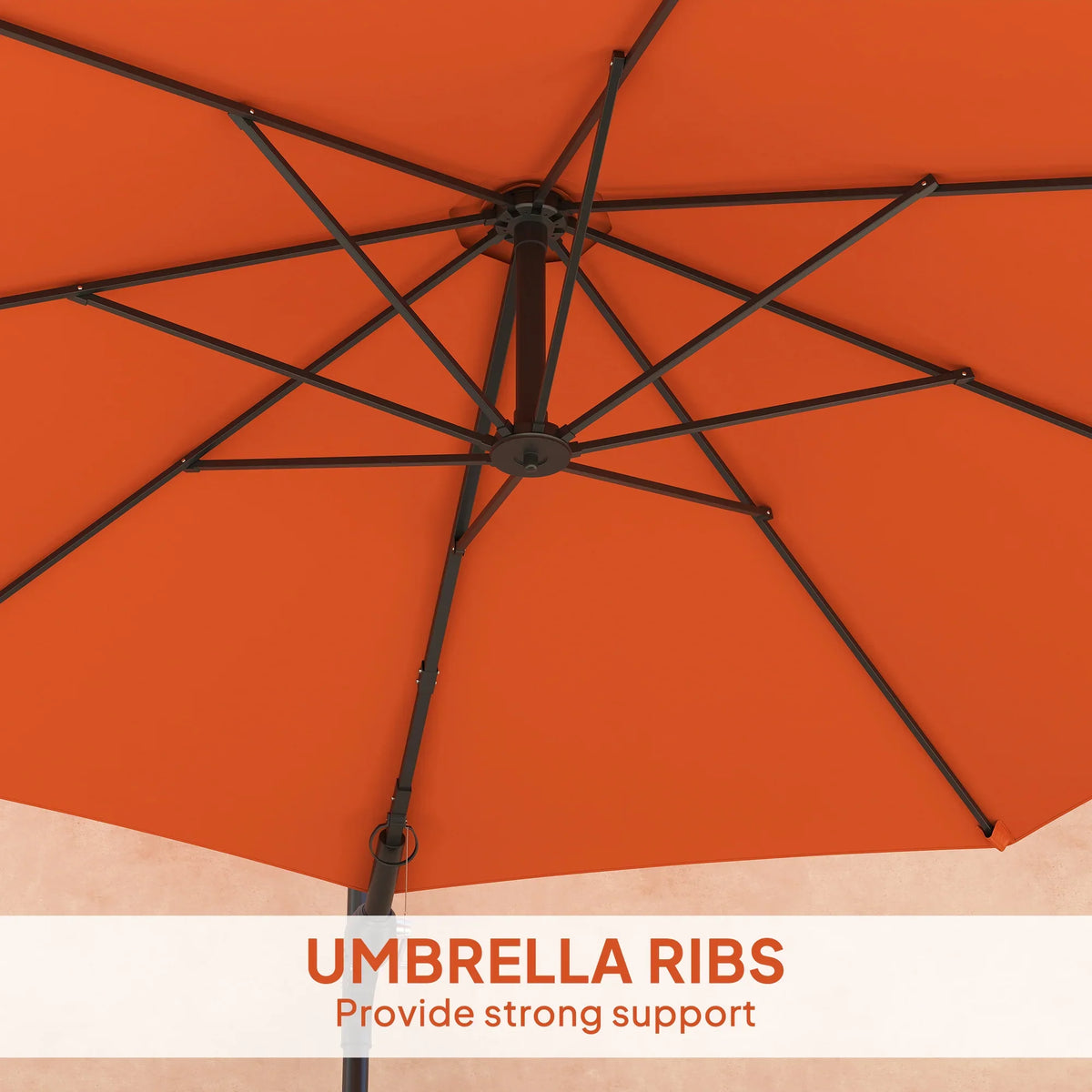Orange parasol canopy close-up with black umbrella ribs and central hub