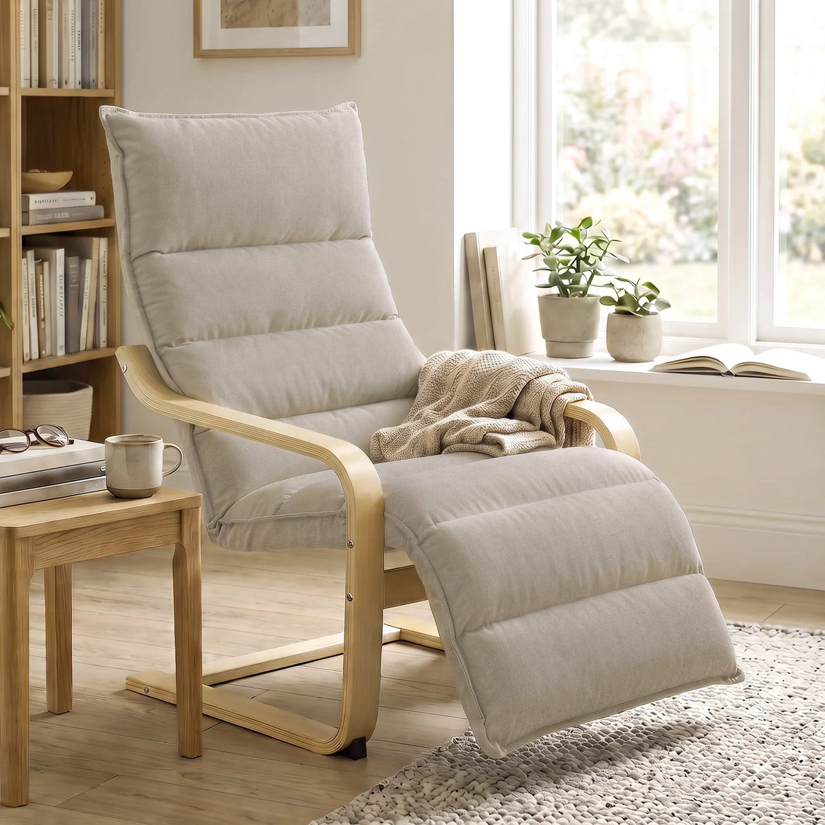 Curved wooden accent armchair with cushioned back and light fabric reclined seat