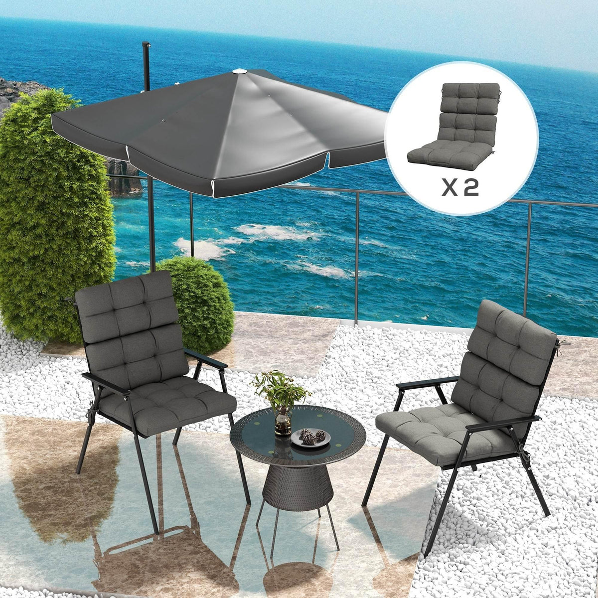 Charcoal grey outdoor chair cushion set with backrest and seat pads, quilted, x2
