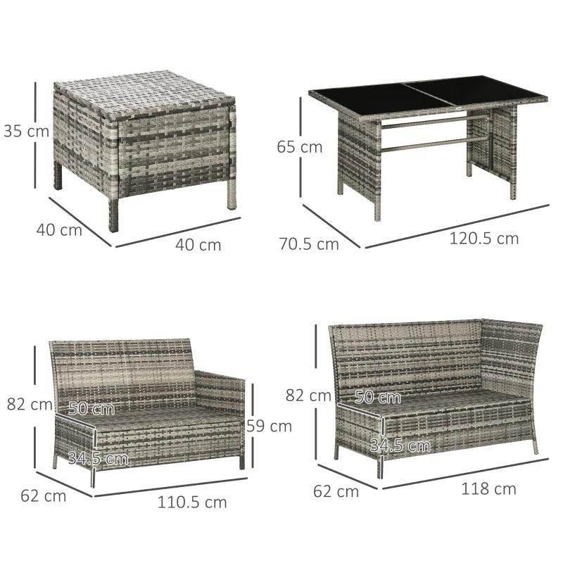 Outdoor patio wicker set components: glass-top table and ottomans with navy seats