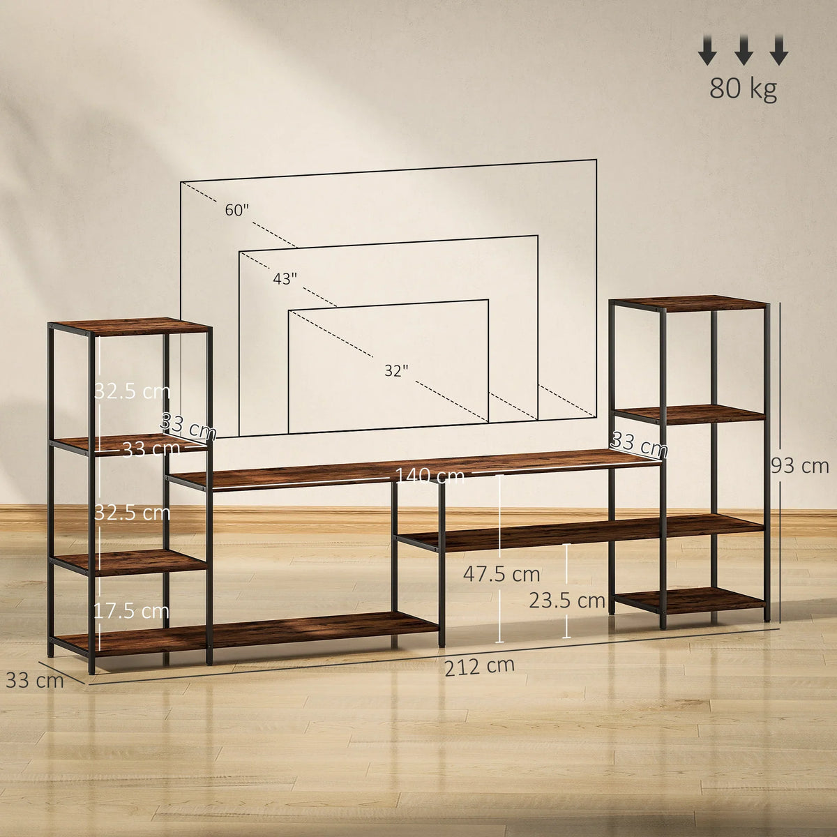 Industrial TV stand with open shelves and dark metal frame, rustic wood top