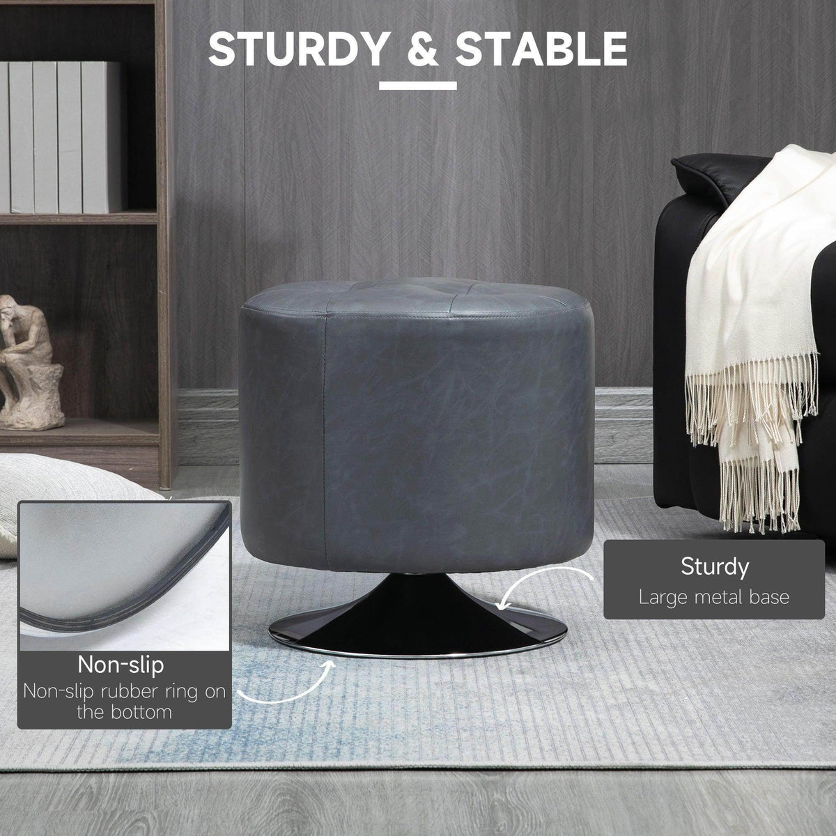 Gray ottoman footstool with sturdy metal base and non-slip rubber ring