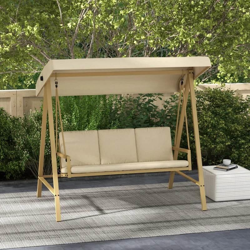 Beige three-seat garden swing chair with canopy and cushioned bench seat
