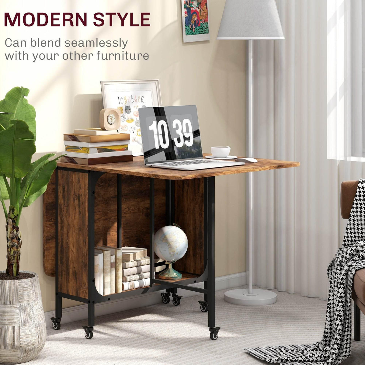 Rustic brown folding dining table with open shelf storage and rolling casters
