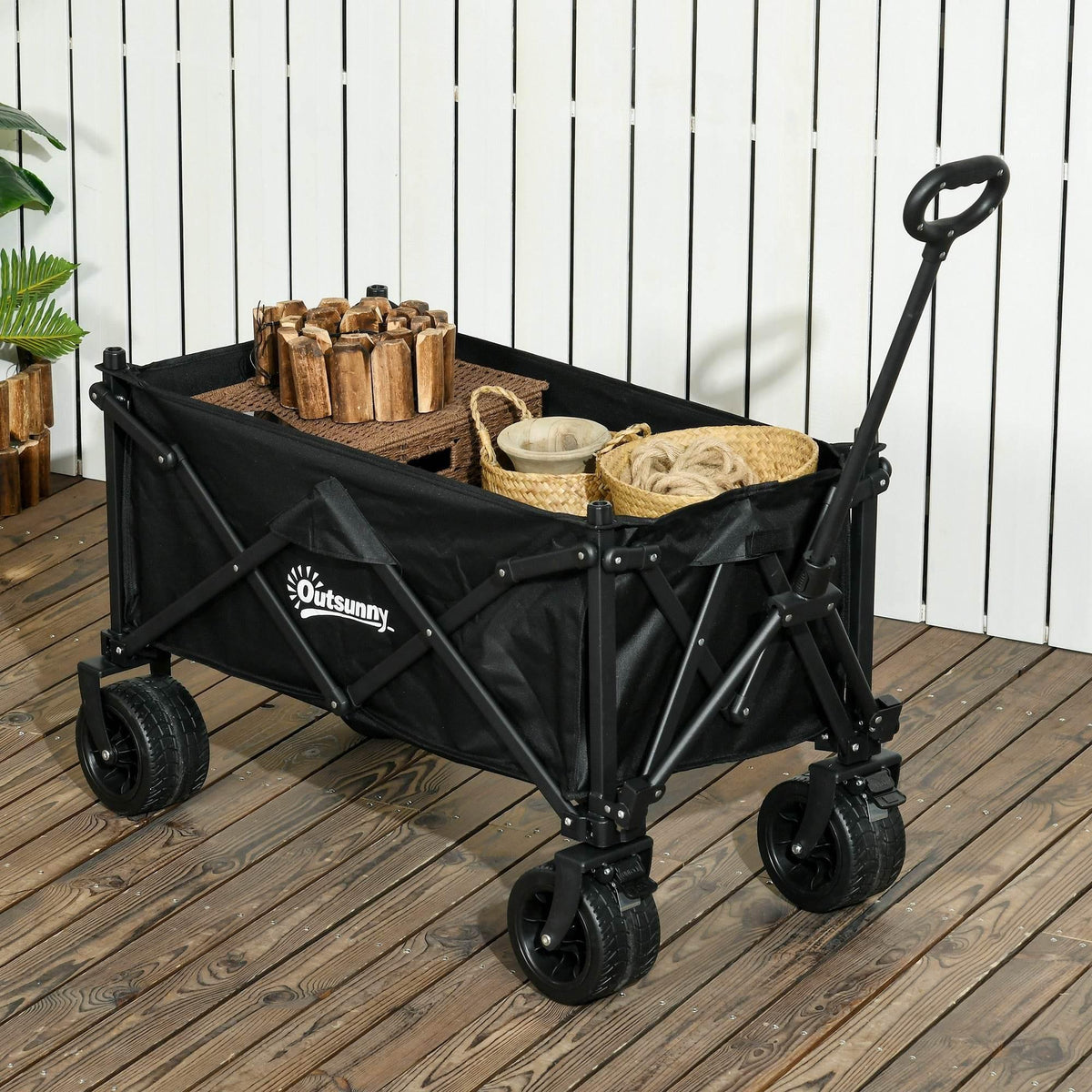 Black foldable garden wagon cart with carry handle and four heavy-duty wheels