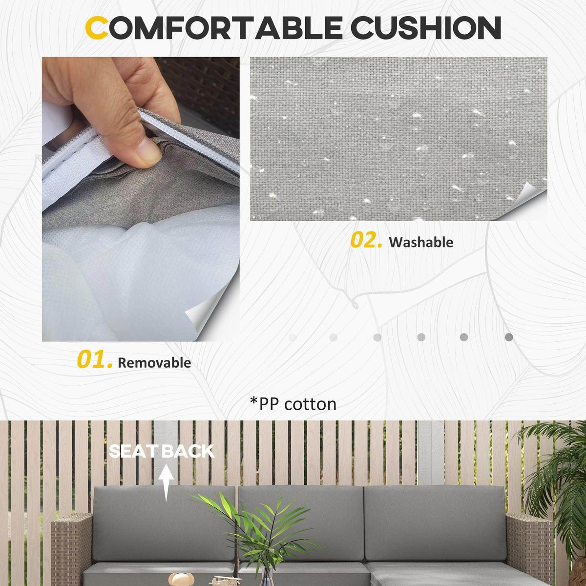 Outdoor cushion set with removable cover and grey fabric on rattan seating