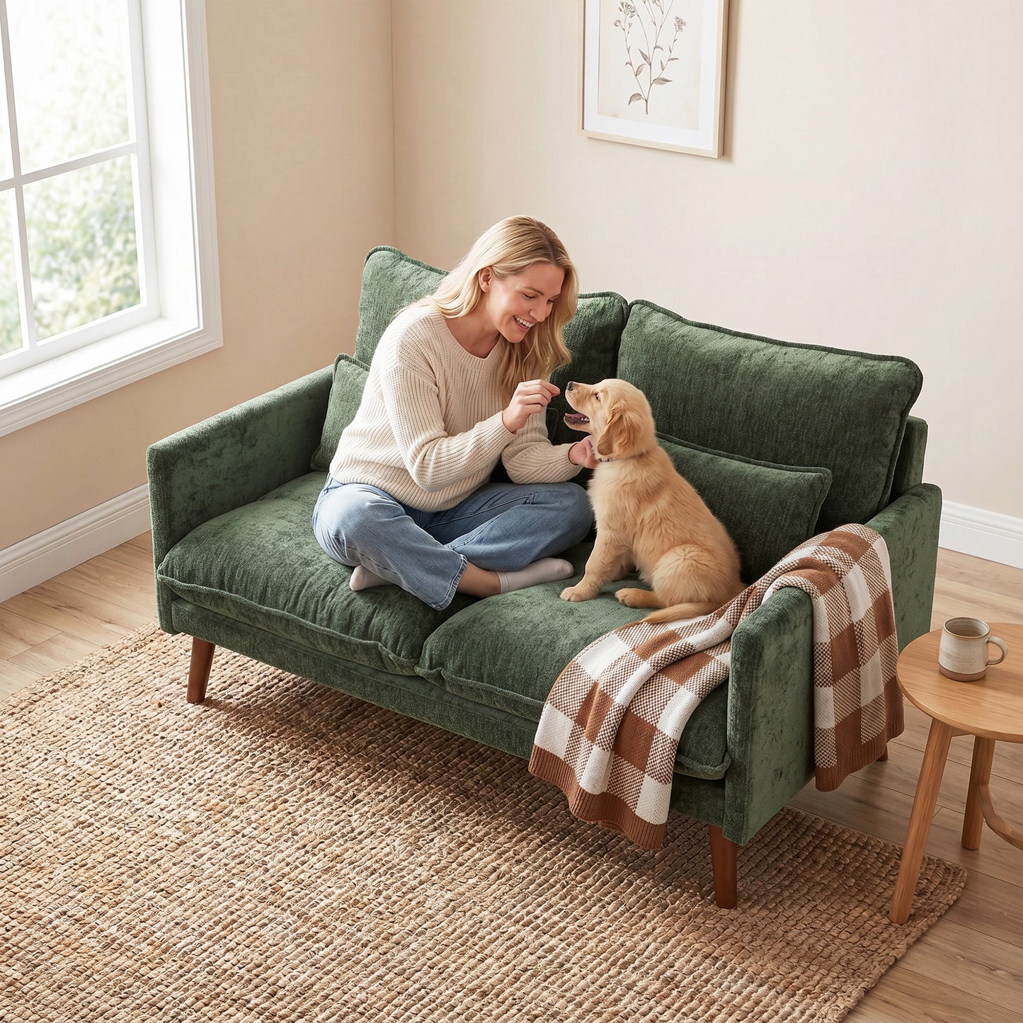 HOMCOM 2 Seater Sofa Loveseat in Green With Pocket Springs High Density Foam Plush Comfort Wood Legs
