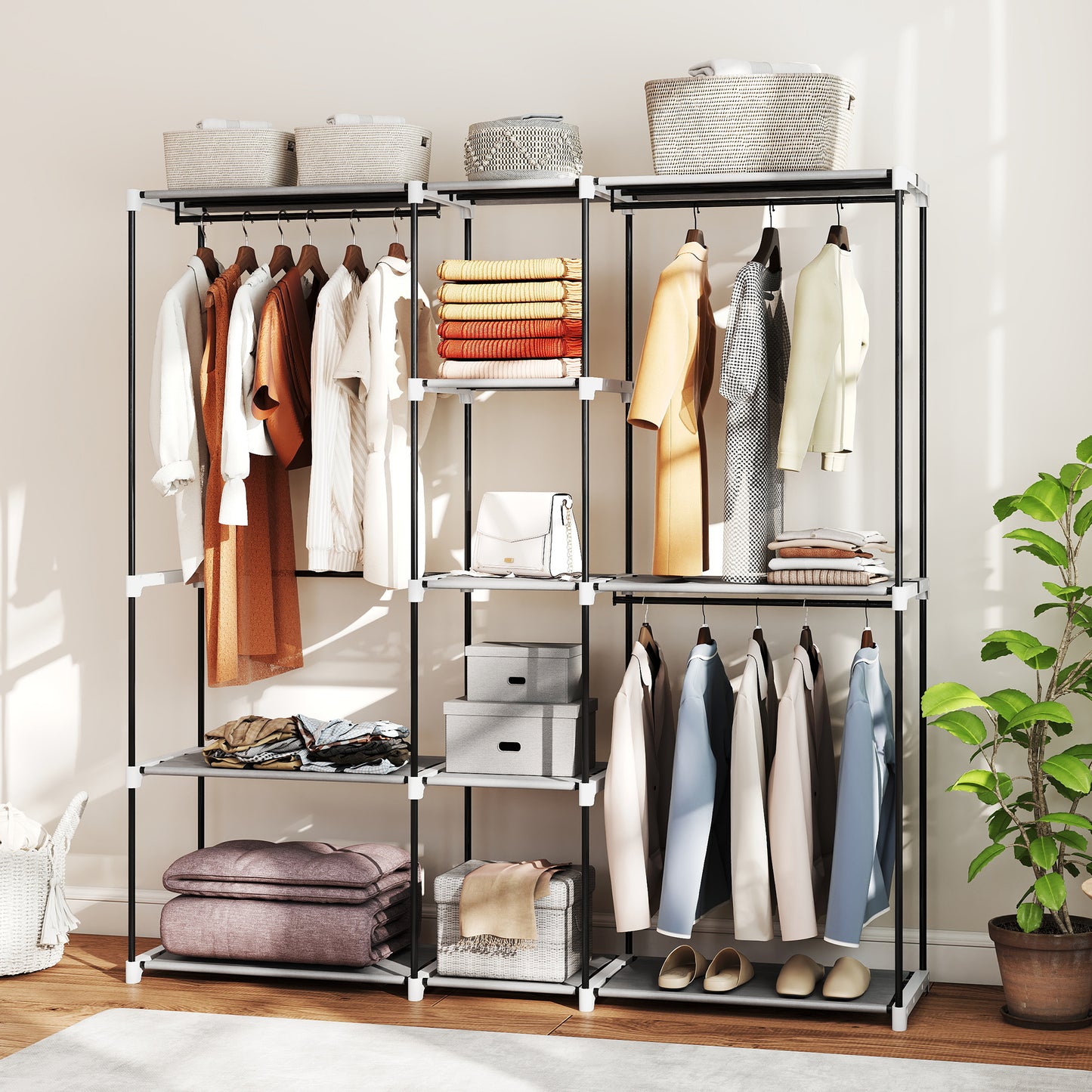 HOMCOM Portable Wardrobe With 8 Shelves And 3 Hanging Rails In Light Grey For Clothes Storage And Organization