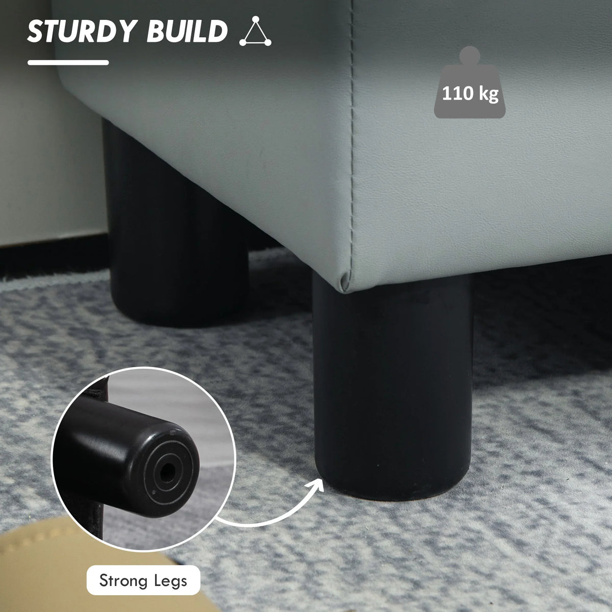 Gray PU leather footstool with thick padding and sturdy black plastic legs
