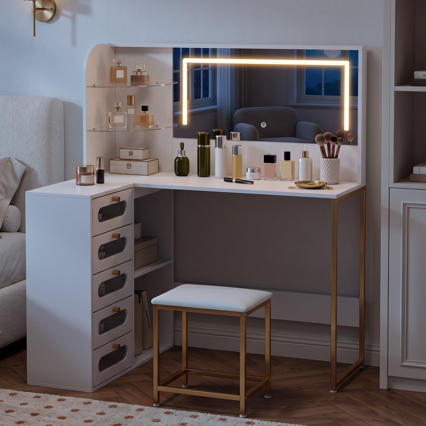 HOMCOM Dressing Table With LED Mirror And Stool L Shaped Vanity Desk With Drawers And Shelves In White