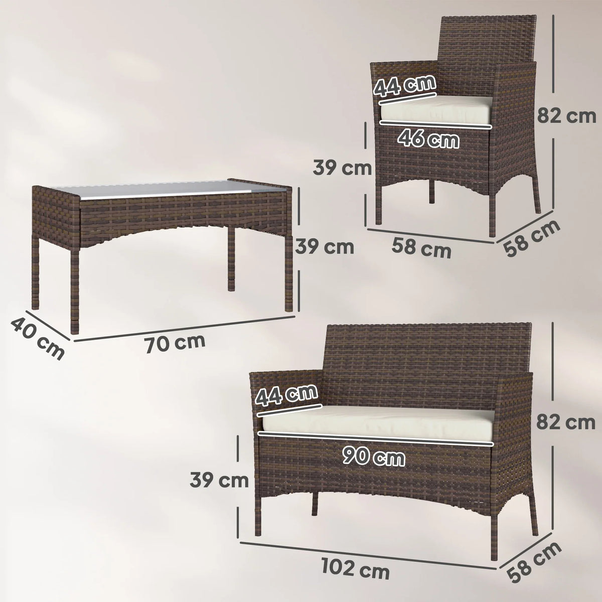 Rattan outdoor furniture set dimensions showing loveseat and coffee table measurements