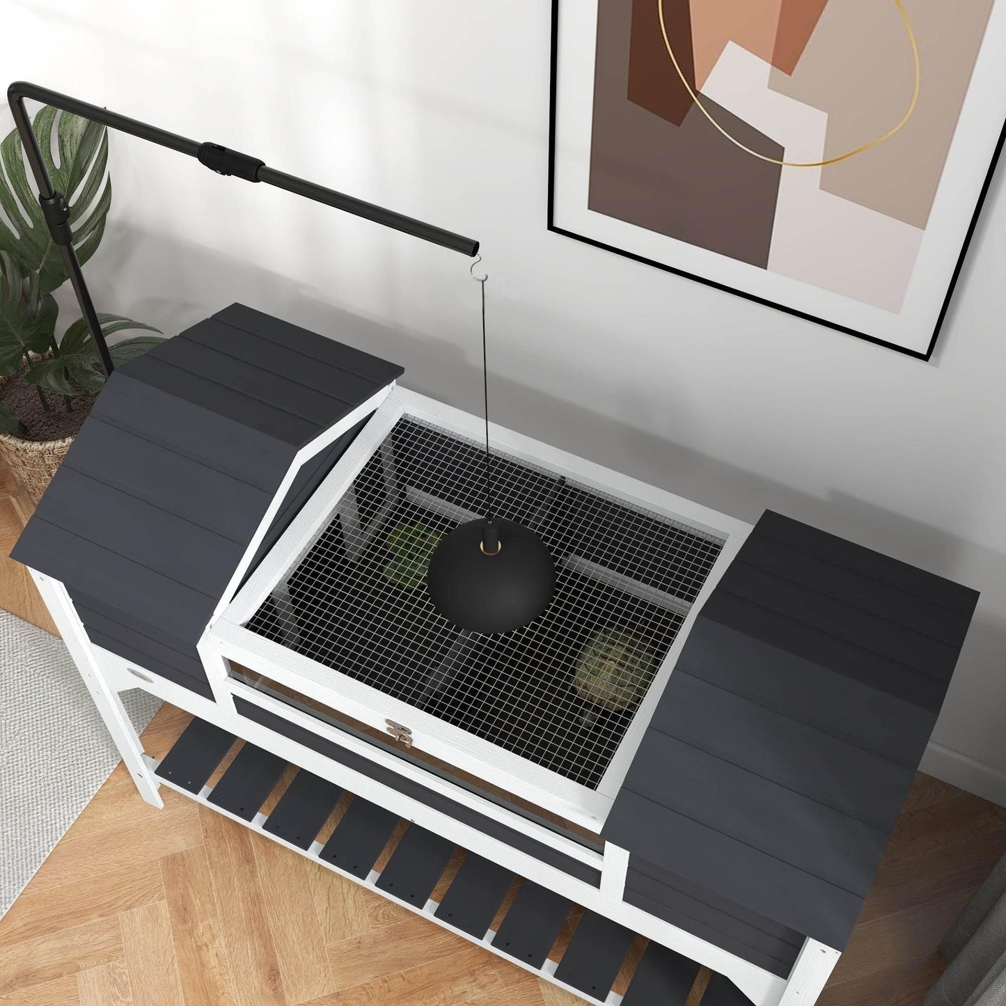 PawHut Premium Wooden Outdoor Tortoise Habitat with Adjustable Lighting, Storage Shelf, and Dual Hideaway Compartments - Grey - ALL4U RETAILER LTD