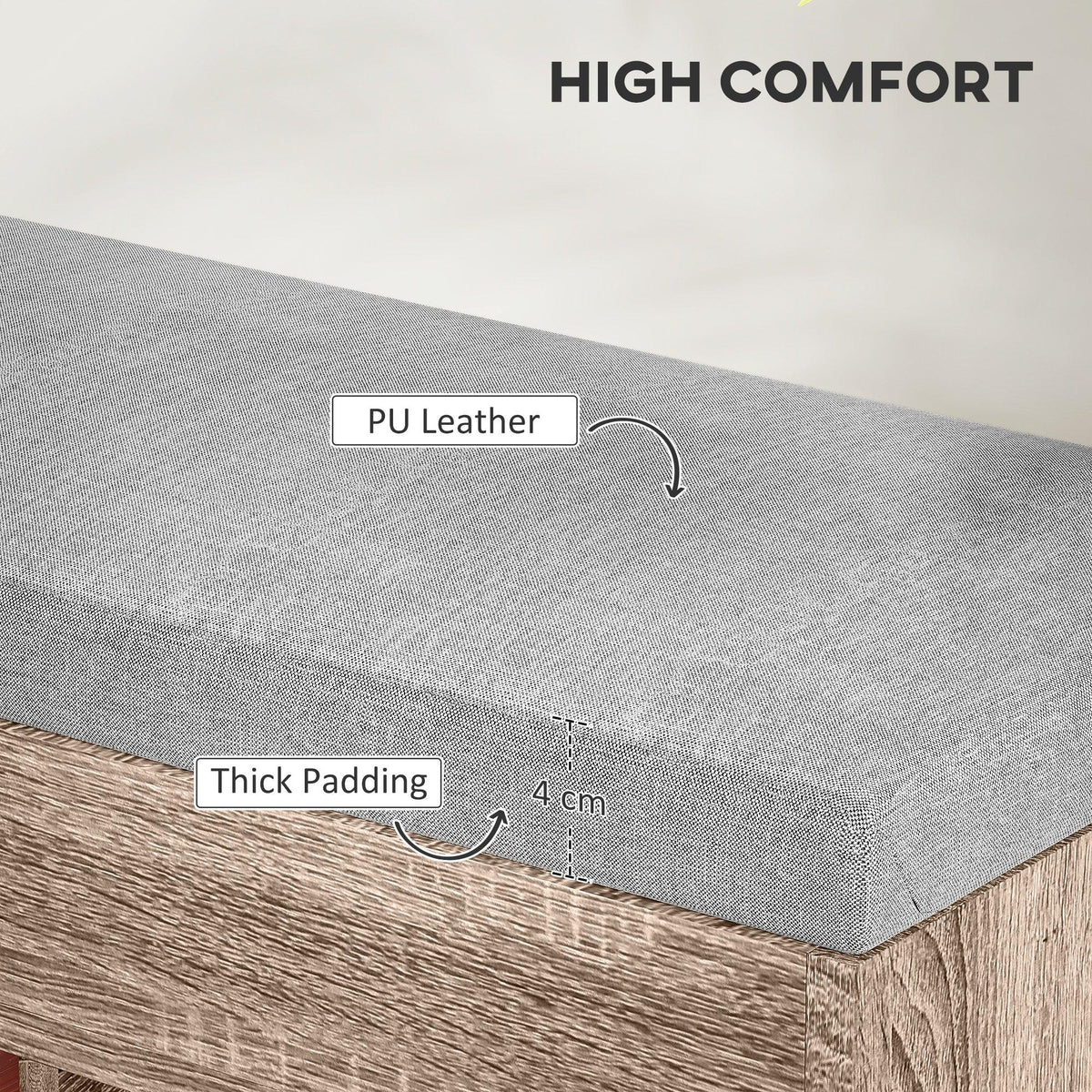 Grey upholstered padded seat with PU leather and thick padding details