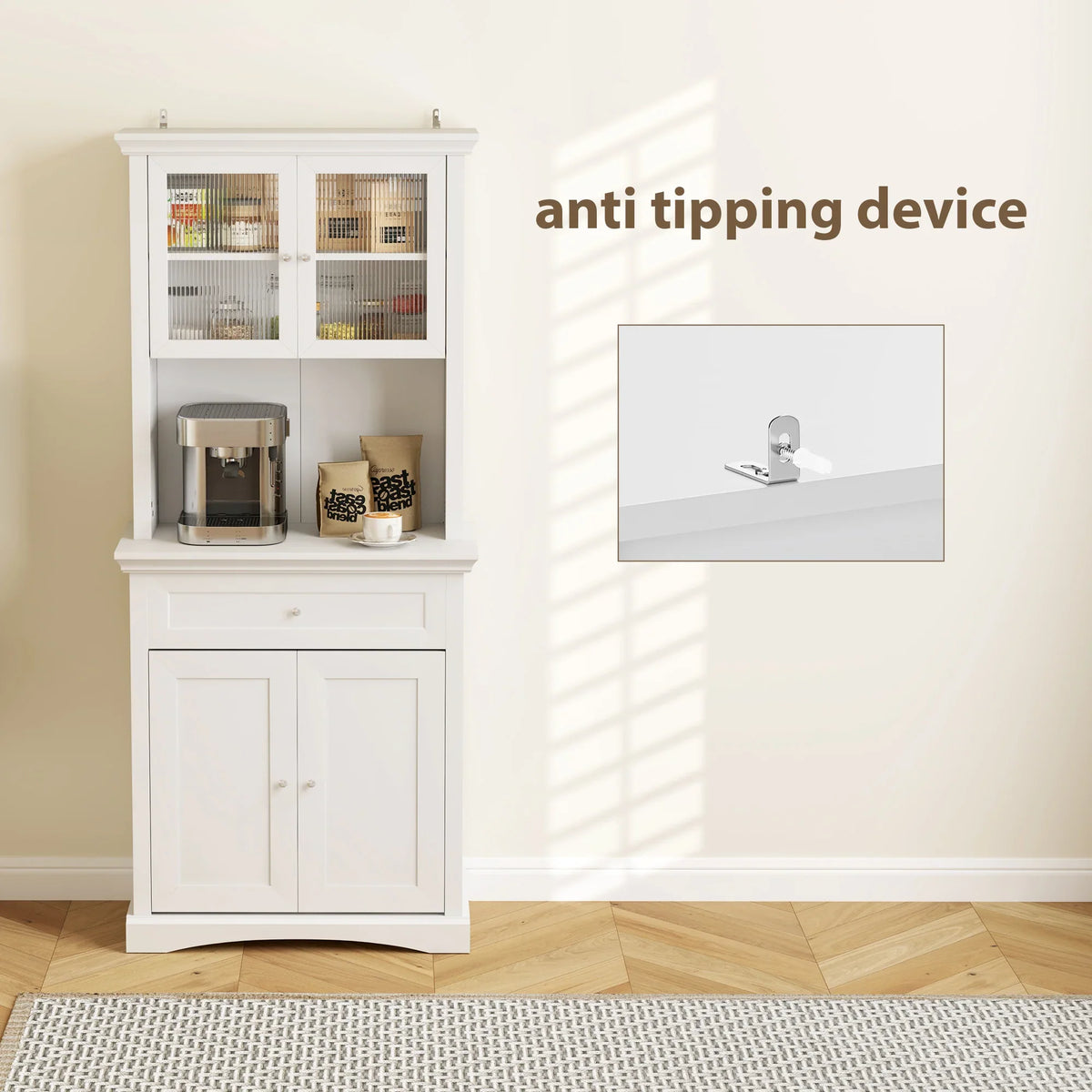 White kitchen cabinet with glass-front upper doors and lower double-door storage