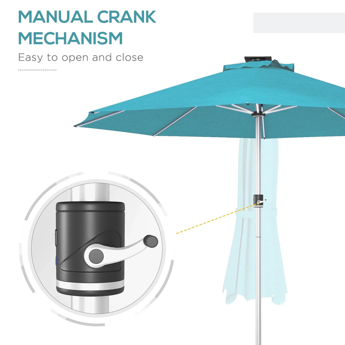 Teal patio umbrella with manual crank lift mechanism and solar LED control
