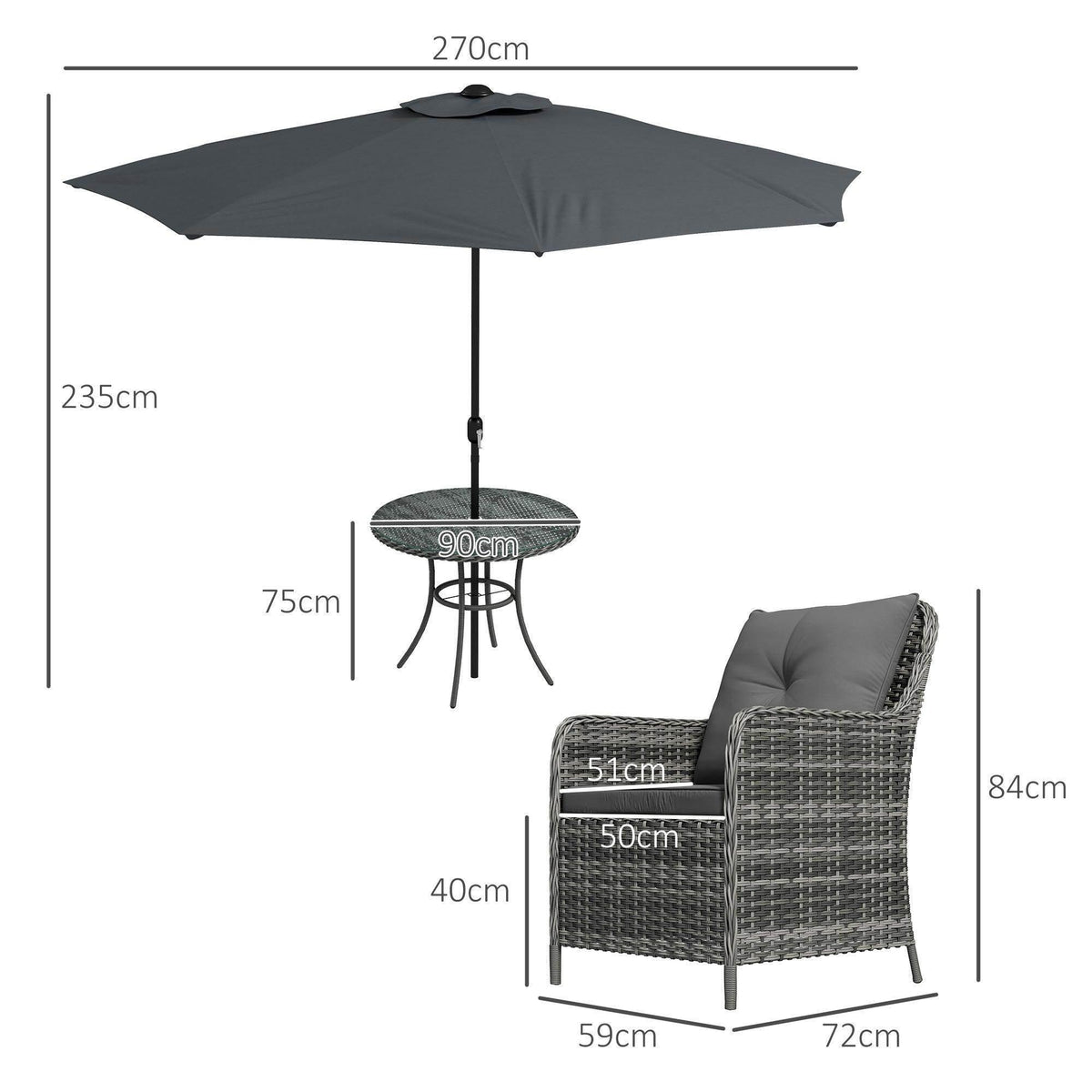 Outdoor dining set size diagram: round glass table, gray rattan chair, umbrella
