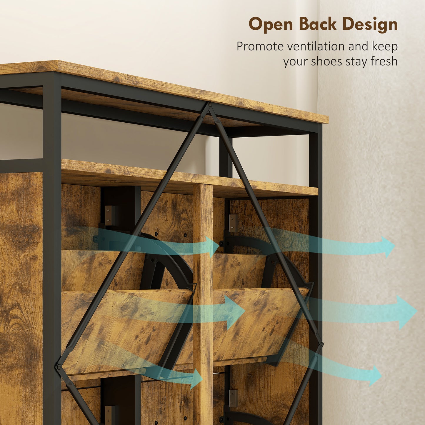 HOMCOM Rustic Brown Shoe Storage Cabinet With 4 Flip Drawers And Open Shelf Industrial Style