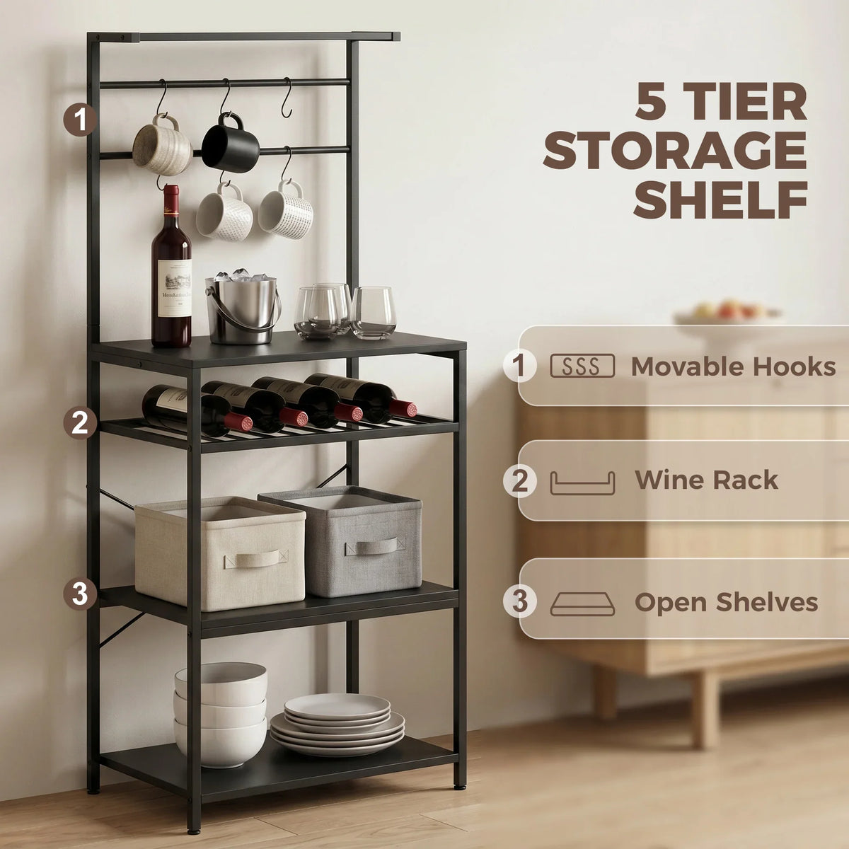 Black 5-tier storage shelf with movable hooks, wine rack, and open shelves