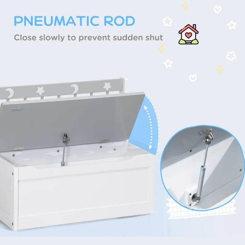 White and grey storage bench with slow-close pneumatic lid mechanism