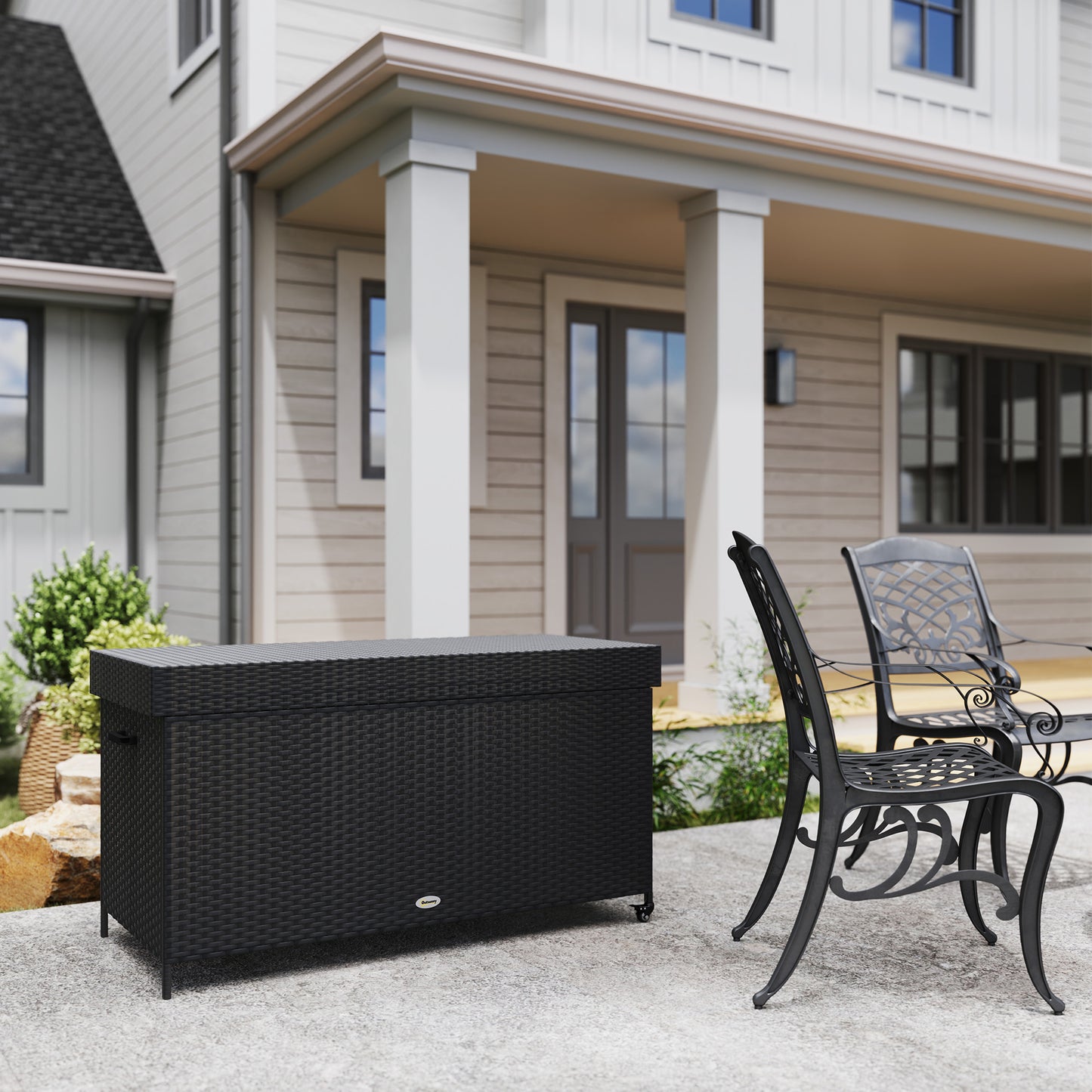 Outsunny 627 L Rattan Garden Storage Box Black With Gas Strut Lift And Steel Frame