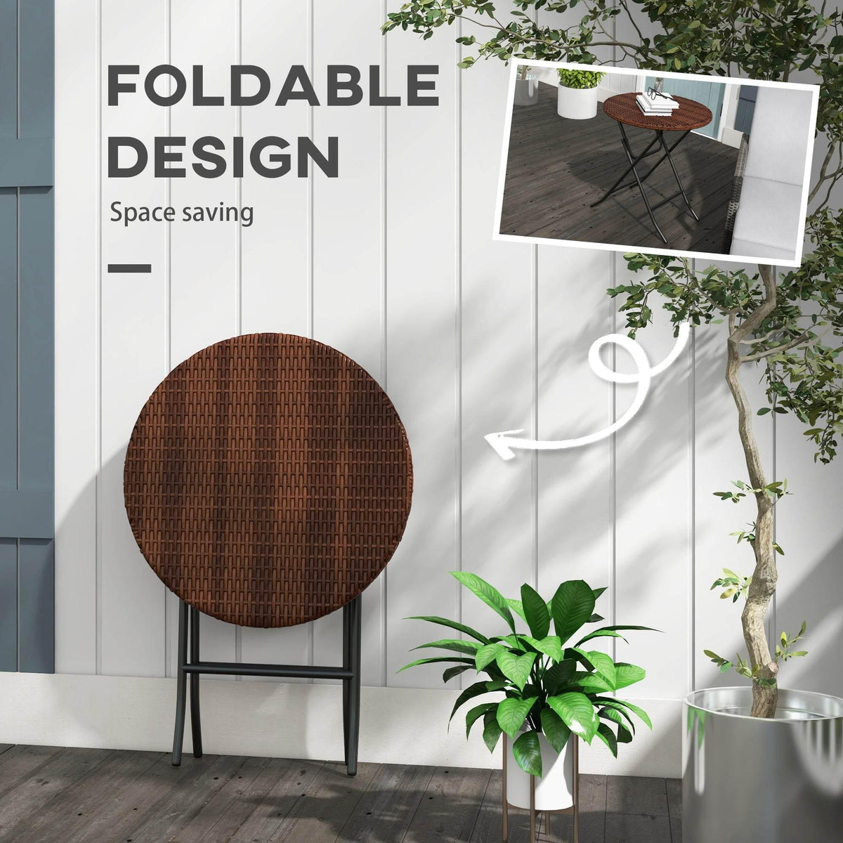 Foldable round wicker side table against a wall, brown top with black metal stand