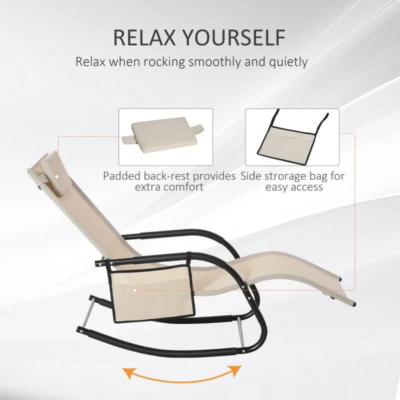 Cream mesh rocking sun lounger with removable side storage bag and padded headrest