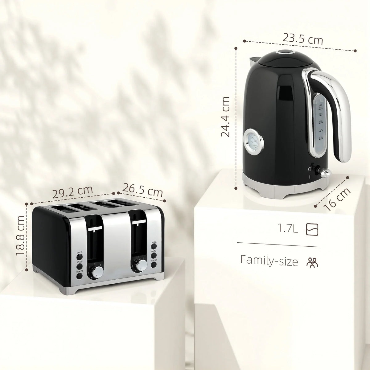 Black electric kettle and two-slice toaster set shown with size measurements