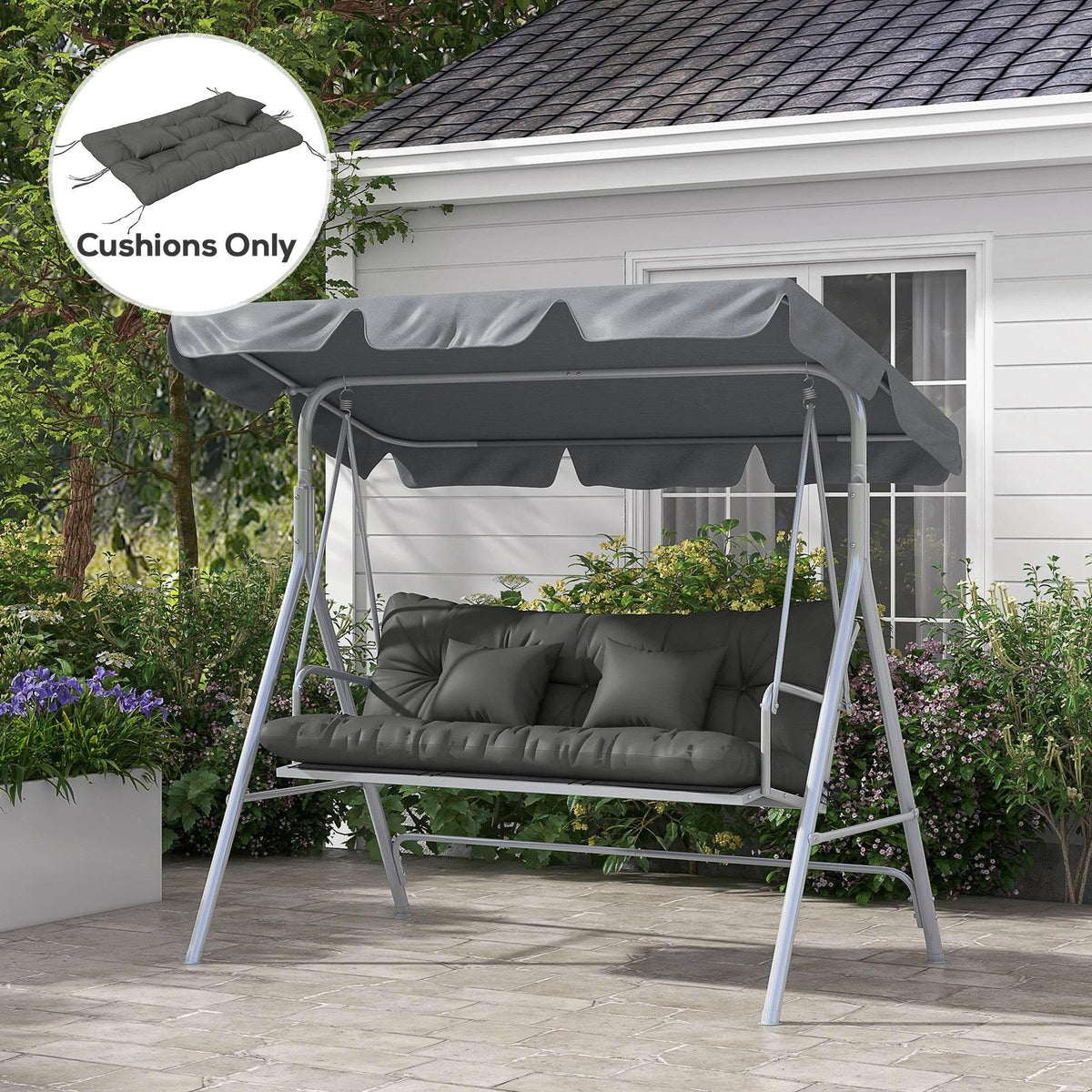 Patio cushion set with two pillows in dark grey fabric for swing bench seating