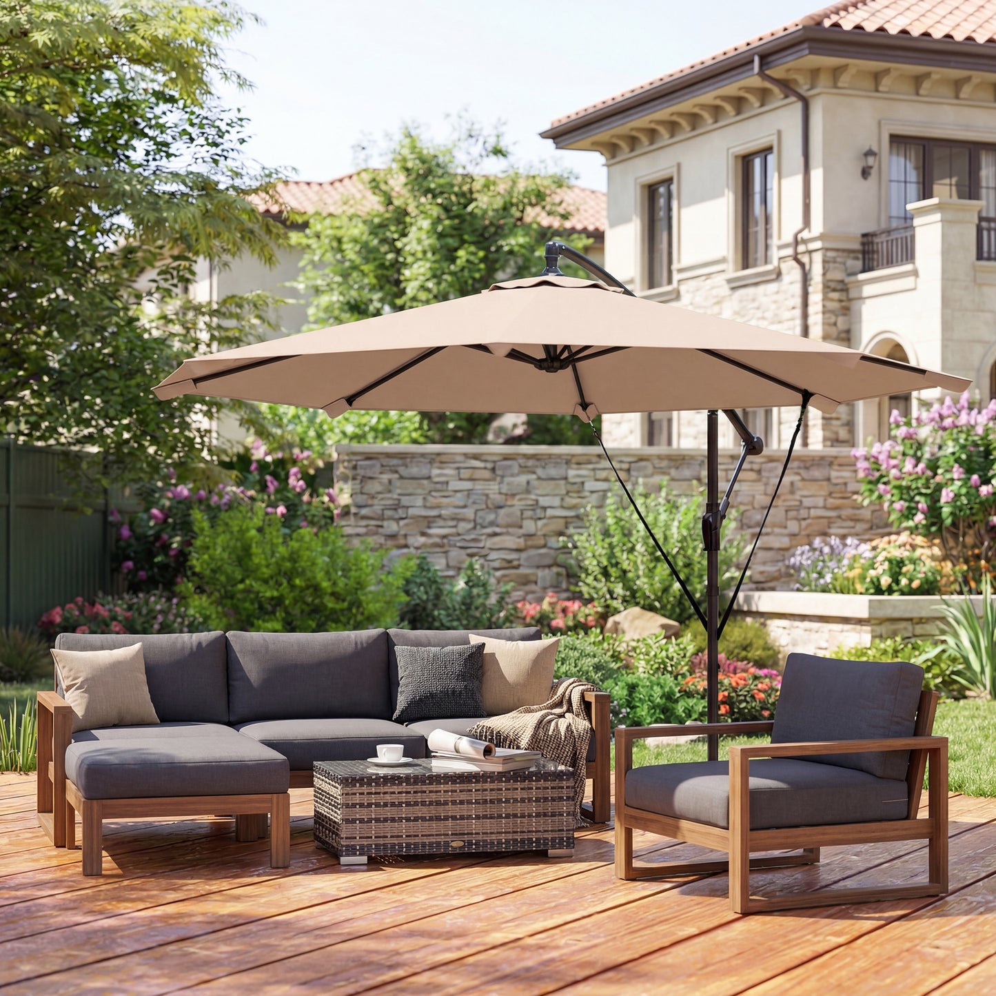 Outsunny 3 Meter Cantilever Banana Parasol With Crank Handle Protective Cover And Wind Ropes Khaki