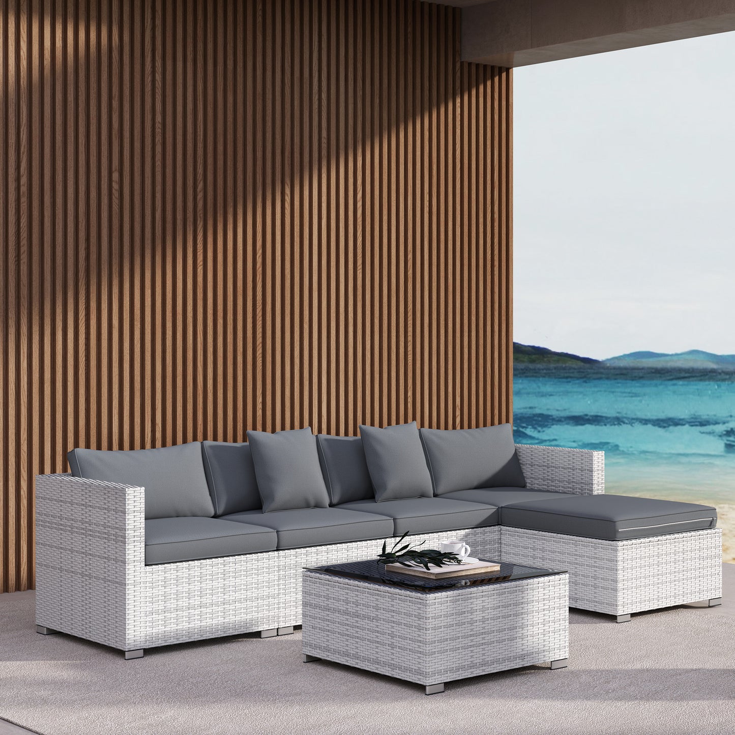 Outsunny 6 Piece Rattan Corner Sofa Set Outdoor With Metal Frame And PE Rattan Glass Top Coffee Table Mixed Grey