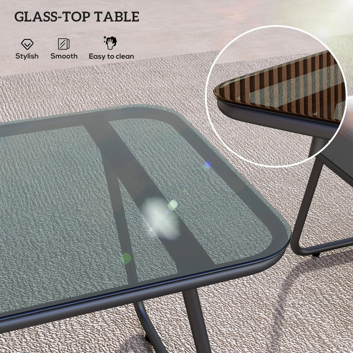 Glass-top coffee table with dark steel legs for outdoor sofa set