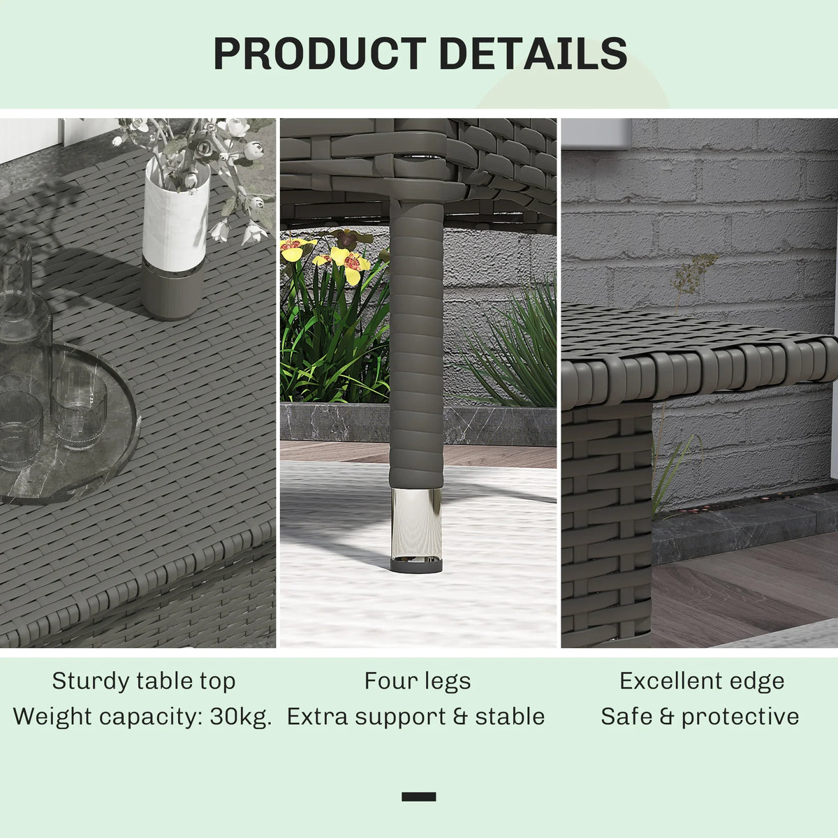 Grey rattan side table corner detail with woven top edge and small metal foot