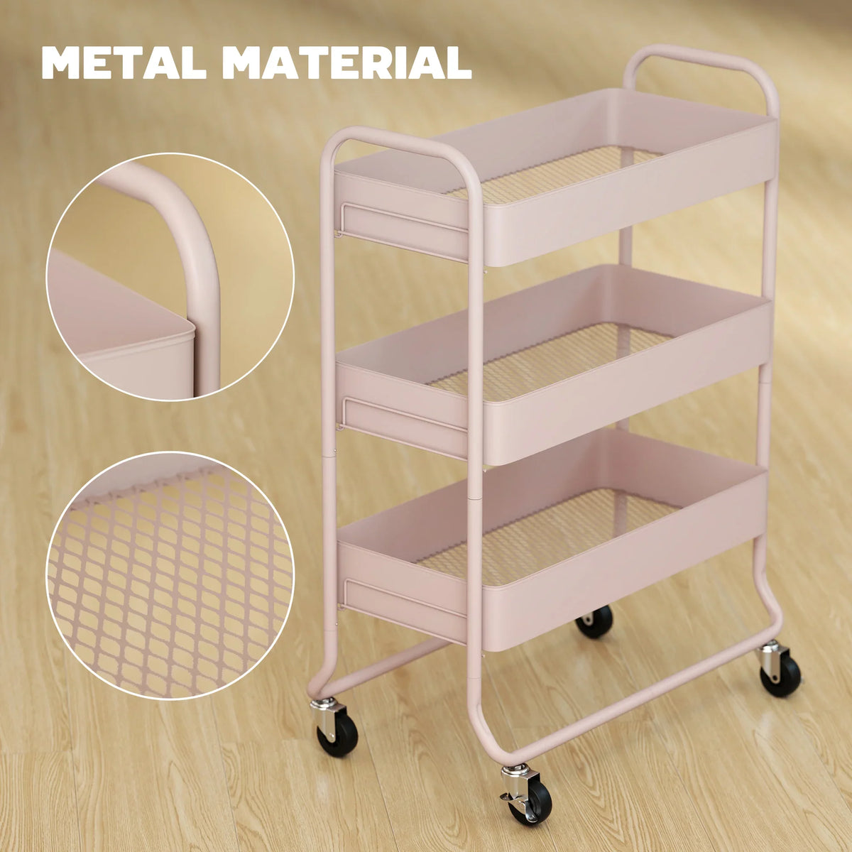 Light pink metal 3-tier storage trolley with mesh baskets and four caster wheels