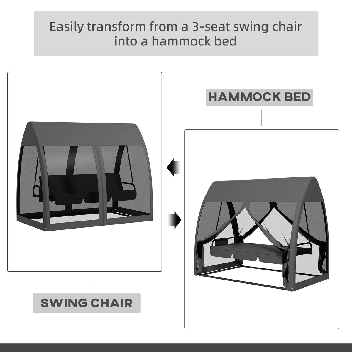 Grey 3-seat swing chair convertible to hammock bed, canopy and mesh sides