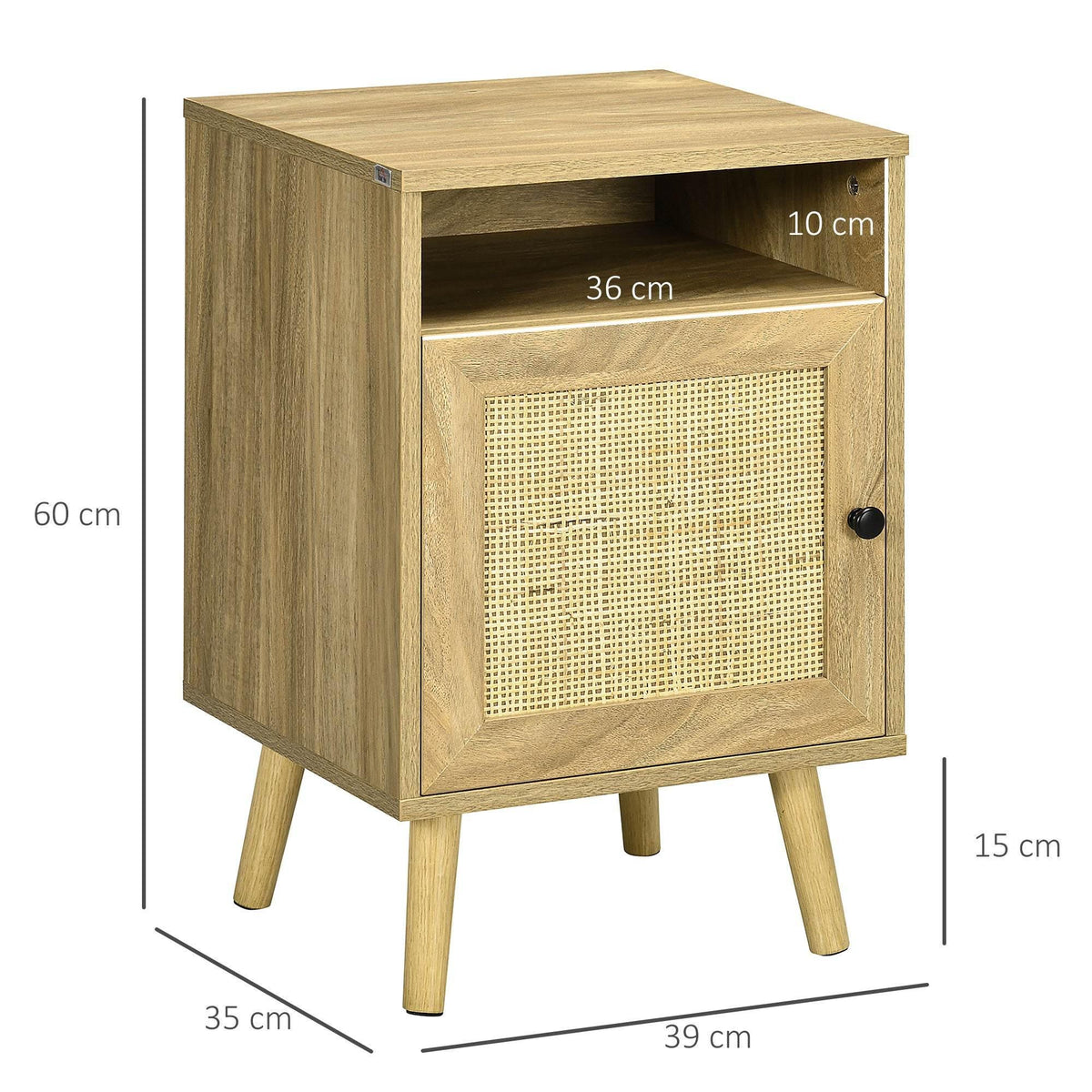 Compact bedside table with top open shelf and woven front door, light wood, tapered legs
