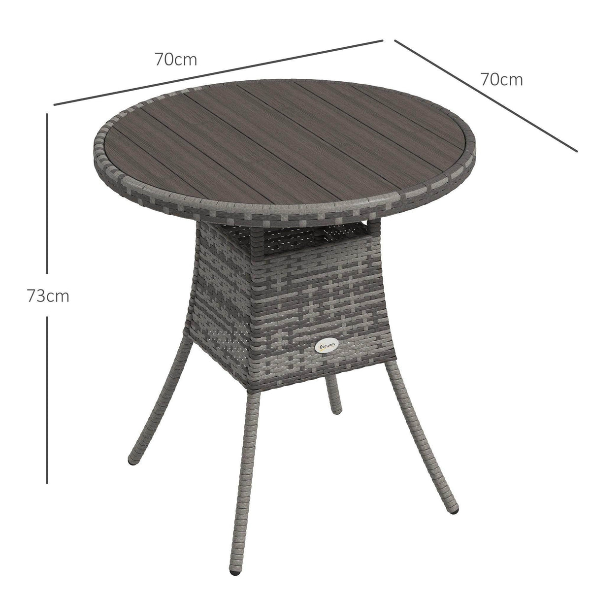 Grey round outdoor dining table, 70cm diameter, PE rattan base with four legs