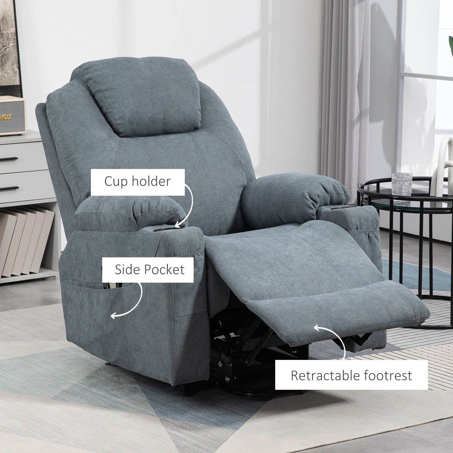 HOMCOM Electric Lift Recliner Chair with Massage, Heat, and Cup Holders - Charcoal Grey - ALL4U RETAILER LTD