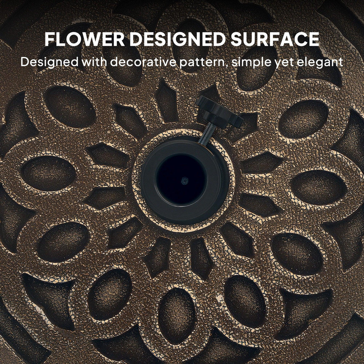 Bronze umbrella base top with decorative flower-like perforated pattern and pole opening