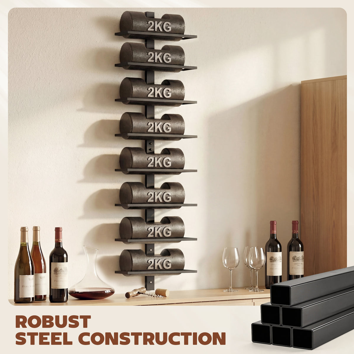 Black steel wall-mounted wine rack with stacked tiers for wine bottles