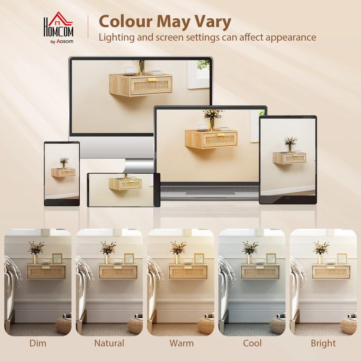 Set of 2 wall-mounted bedside cabinets with rattan drawers in selectable color tones
