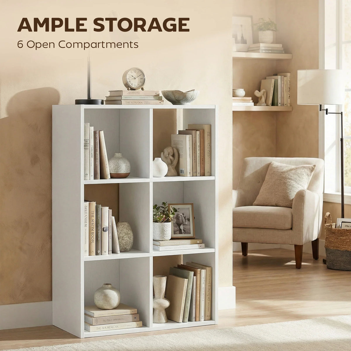 HOMCOM white wood-effect bookcase with 6 open compartments