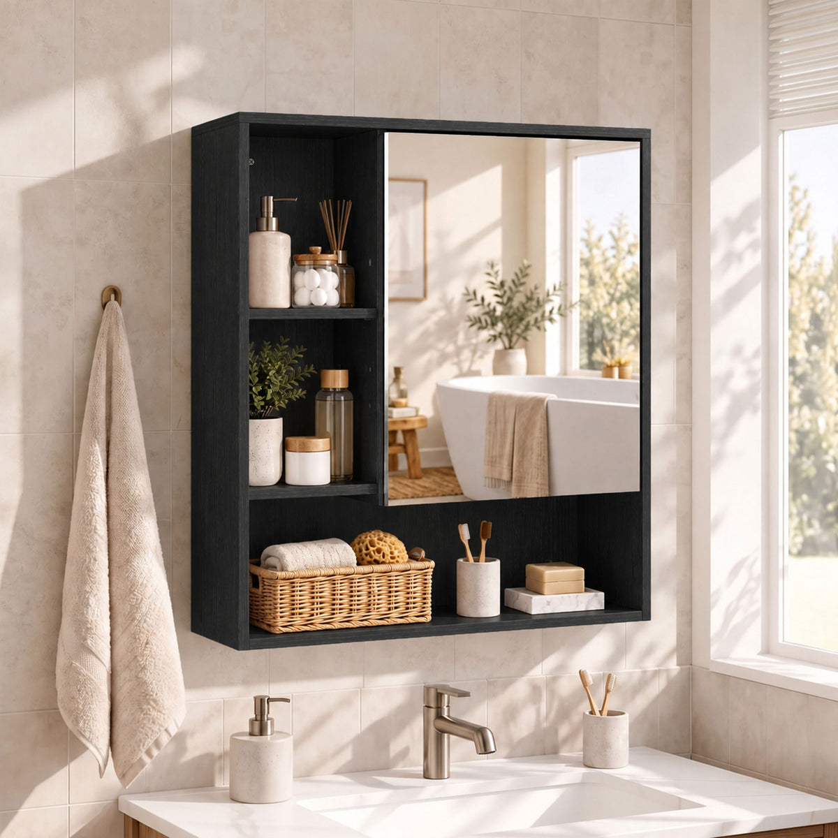 Black bathroom mirror cabinet with open shelves and mirror showing room reflection