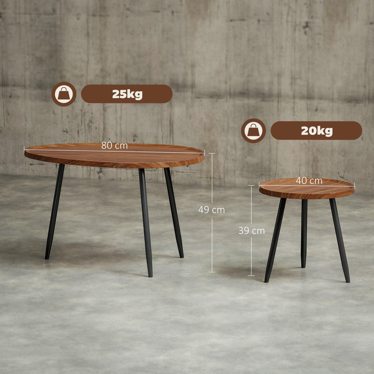 Round nesting coffee tables, chestnut wood-effect tops, black metal legs with size views