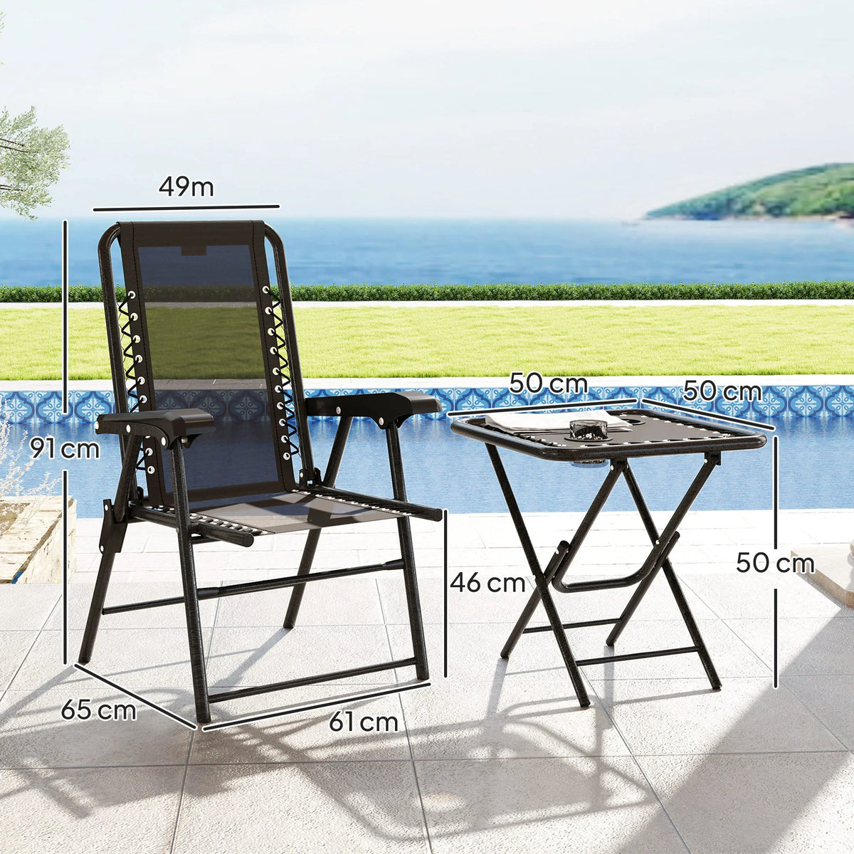 Black folding patio chair and matching folding table with gray mesh top