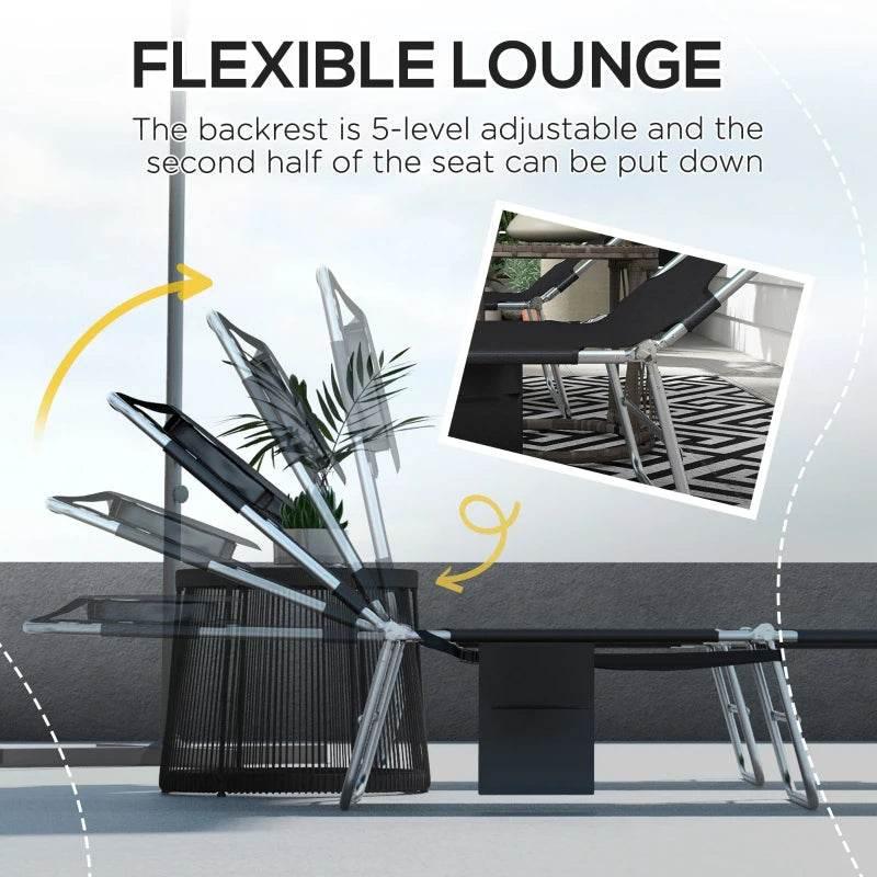 Black 5-level adjustable sun lounger with face and arm openings and fold-flat design